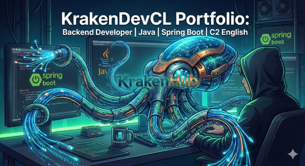 Un desarrollador trabajando en su escritorio con un pulpo cibernético representando el portafolio de KrakenDevCL.