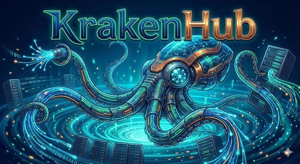 Una ilustración oscura y estilizada de un kraken, representando la marca KrakenHub.
